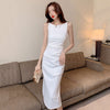 Women French Style Camisole Dress Summer 2022  Elegant Gentlewomen  Slash Neck Sleeveless Slim Long Dress Party Dress