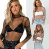 Women Girls Mesh Sheer Crop Tops Long Sleeve Transparent Shirt Blouses Tee Tops Sequined Shinny Turtleneck Shirt Clubwear New