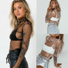Women Girls Mesh Sheer Crop Tops Long Sleeve Transparent Shirt Blouses Tee Tops Sequined Shinny Turtleneck Shirt Clubwear New