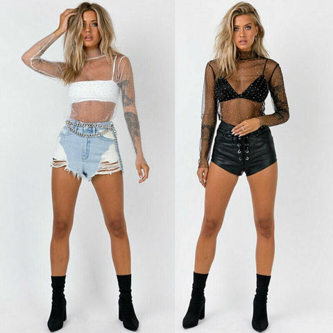 Women Girls Mesh Sheer Crop Tops Long Sleeve Transparent Shirt Blouses Tee Tops Sequined Shinny Turtleneck Shirt Clubwear New