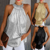 Women Gold Blouse 2023High Neck Sleeveless Hatler Tank Top Vest Summer Casual Loose Blouse Shirt Tee