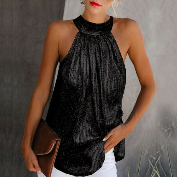 Women Gold Blouse 2023High Neck Sleeveless Hatler Tank Top Vest Summer Casual Loose Blouse Shirt Tee