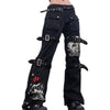 Women Goth Punk High Waist Jeans Harajuku Metal Buckle Belt Hip Hop Print Cargo Pants Wide Leg Baggy Loose Denim Trousers Stree