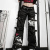 Women Goth Punk High Waist Jeans Harajuku Metal Buckle Belt Hip Hop Print Cargo Pants Wide Leg Baggy Loose Denim Trousers Stree
