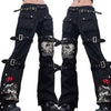 Women Goth Punk High Waist Jeans Harajuku Metal Buckle Belt Hip Hop Print Cargo Pants Wide Leg Baggy Loose Denim Trousers Stree