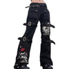 Women Goth Punk High Waist Jeans Harajuku Metal Buckle Belt Hip Hop Print Cargo Pants Wide Leg Baggy Loose Denim Trousers 50LD
