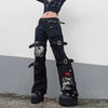 Women Goth Punk High Waist Jeans Harajuku Metal Buckle Belt Hip Hop Print Cargo Pants Wide Leg Baggy Loose Denim Trousers Stree