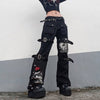 Women Goth Punk High Waist Jeans Harajuku Metal Buckle Belt Hip Hop Print Cargo Pants Wide Leg Baggy Loose Denim Trousers 50LD