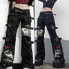 Women Goth Punk High Waist Jeans Harajuku Metal Buckle Belt Hip Hop Print Cargo Pants Wide Leg Baggy Loose Denim Trousers Stree