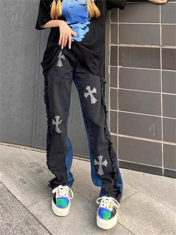 Women Gothic Printed Baggy Denim Pants Summer Y2k High Waist Wide Leg Jeans Female Loose Vintage Street Style Trousers