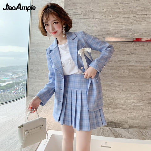 Women Graceful Plaid Blazer Mini Skirts 2 Piece Set 2023 Preppy Style Elegant Bowknot Suit Jacket Pleated Skirt Outfit Female
