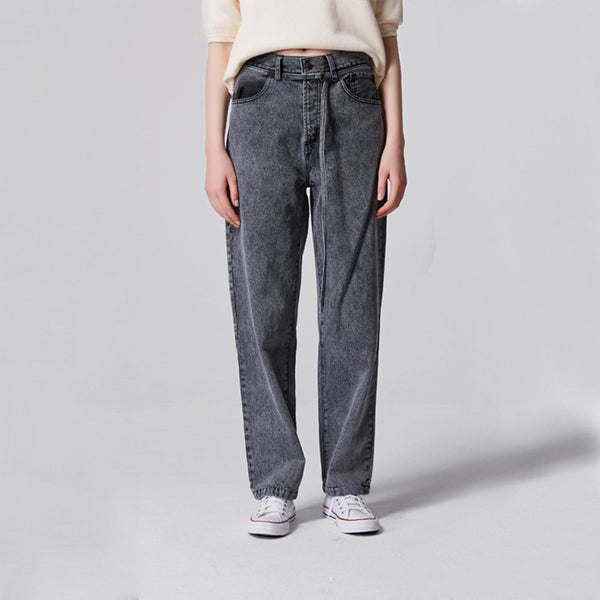 Women Gray Denim Long Pants High Waist Sashes Straight Zipper Simple 2022 Autumn Ladies Jeans