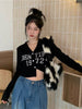 Women Gray Knitting Cardigan Preppy Style Sweater Kawaii Korean Letter Print Crop Top Button Up Black White Jumper Kpop