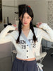 Women Gray Knitting Cardigan Preppy Style Sweater Kawaii Korean Letter Print Crop Top Button Up Black White Jumper Kpop