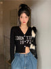 Women Gray Knitting Cardigan Preppy Style Sweater Kawaii Korean Letter Print Crop Top Button Up Black White Jumper Kpop