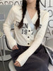 Women Gray Knitting Cardigan Preppy Style Sweater Kawaii Korean Letter Print Crop Top Button Up Black White Jumper Kpop