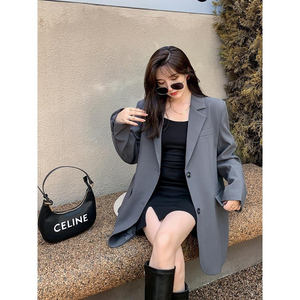 Women Gray Oversized Blazer Lapel Long Sleeve Loose Fit  Jacket Tide Spring Autumn 2023 High-quality Temperament Y2k