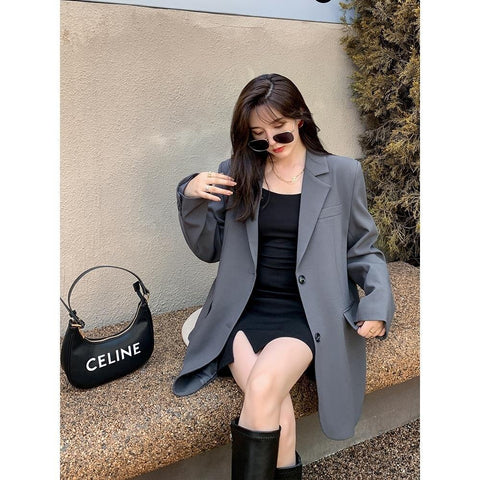 Women Gray Oversized Blazer Lapel Long Sleeve Loose Fit  Jacket Tide Spring Autumn 2023 High-quality Temperament Y2k