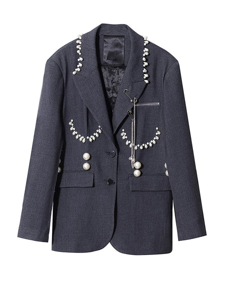 Women Gray Pearl Chain Big Size Single Breasted Blazer Lapel Long Sleeve Jacket Spring Autumn 2023  M834