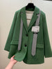 Women Green Oversized Casual Blazer Lapel Long Sleeve Loose Fit Jacket Tide Spring Autumn 2023 + Ribbon Decorate Y2k