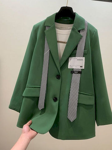 Women Green Oversized Casual Blazer Lapel Long Sleeve Loose Fit Jacket Tide Spring Autumn 2023 + Ribbon Decorate Y2k