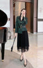 Women Green Plaid Tweed Blazer Suits Autumn Winter 2022 Designer Office 2 Piece Outfits Belted Outerwear + Black Skirt