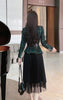 Women Green Plaid Tweed Blazer Suits Autumn Winter 2022 Designer Office 2 Piece Outfits Belted Outerwear + Black Skirt