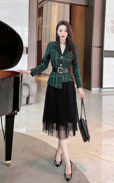 Women Green Plaid Tweed Blazer Suits Autumn Winter 2022 Designer Office 2 Piece Outfits Belted Outerwear + Black Skirt