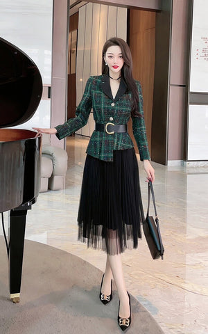 Women Green Plaid Tweed Blazer Suits Autumn Winter 2022 Designer Office 2 Piece Outfits Belted Outerwear + Black Skirt