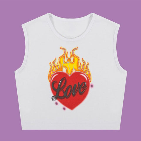 Women Harajuku Crop Top Summer 2022 Fla Red Heart Print Cropped T-Shirt 90s Belly Unif Sexy Croptop Sleeveless Vest Tank Tops