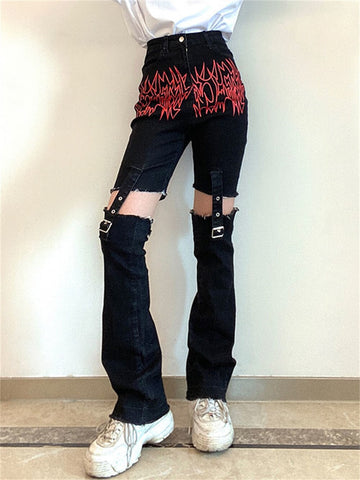 Women Harajuku Y2K Jeans with Chain Punk Jogger Hip-hop Wide Leg Denim Pants Track Hollow Trousers Egirl Female Kpop Clothing