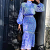 Women High Collar Lantern Sleeve Slim Long Dress Casual Pattern Print Retro Fishtail Dress 2022 Elegant Autumn Boho Maxi Dresses