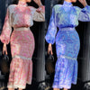 Women High Collar Lantern Sleeve Slim Long Dress Casual Pattern Print Retro Fishtail Dress 2022 Elegant Autumn Boho Maxi Dresses
