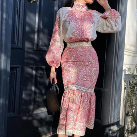 Women High Collar Lantern Sleeve Slim Long Dress Casual Pattern Print Retro Fishtail Dress 2022 Elegant Autumn Boho Maxi Dresses