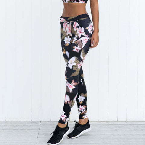 Women High Waist Fitness Leggings Long Trousers Black Floral Slim Leggings