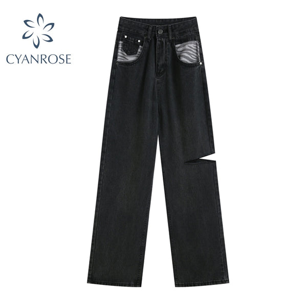 Women High Waist Jeans Side Ripped Hole Denim Straighted Tube Long Pants Harajuku Hip Hop Casual Trouser Female 2022 Y2k Jeans