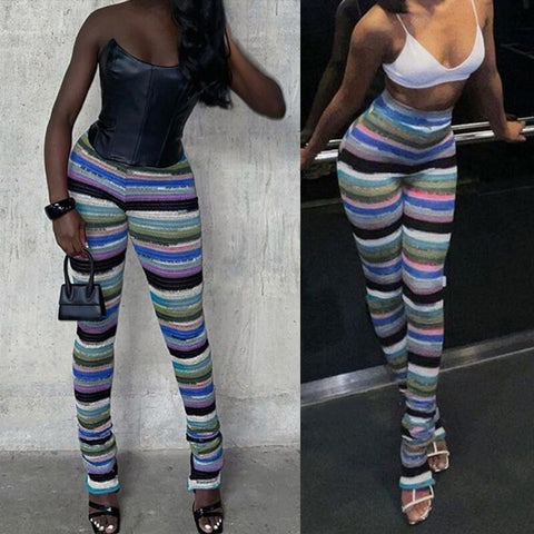 Women High Waist Knitted Long Pants Multicolor Striped Hipster Skinny Pleated Stacked Trousers Vintage Bell Bottom Streetwear