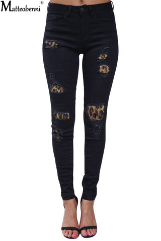 Women High Waist Push Up Denim Jeans Leopard Patchwork Mom Jeans Sexy Skinny Ripped Elastic Vintage Boyfriend Jeans Streetwear