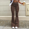 Women High Waist Ripped Casual Flare Jeans Orange Elastic Harajuku Hollow Out Denim Pant Streetwear