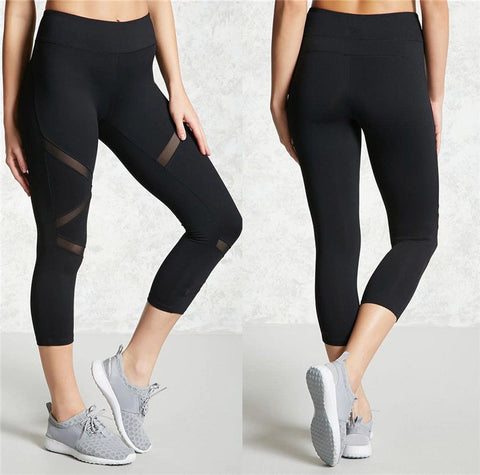 Women High Waist Sexy Fitness Leggings Bandage Summer Mesh Patchwork Three Quarters Pants Trousers