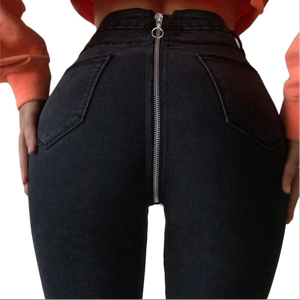 Women High Waist Skinny Jeans With Zipper in the Back New Vintage Push Up Black Jeans Femme Fitness Denim Pants WICCON