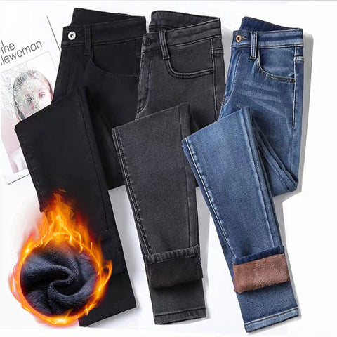 Women High Waist Thermal Jeans Winter Warm Stretchy Fleece Lined Denim Pants Leggings Blue Black Female Slim Pants Trousers
