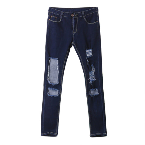 Women Hole Destroyed Ripped Distressed Slim Denim Pants Hole Jeans Trousers Blue