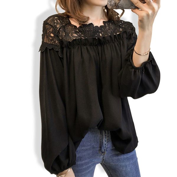 Women Hollow Out Chiffon Blouse Lace Patchwork Shirt Female Casual Loose Lantern Sleeve Blouses Tops