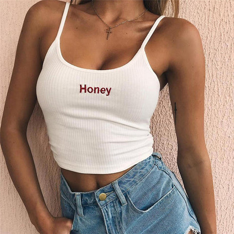 Women Honey Letter Strap Tank Tops 2022 Female Slip Crop Tops Sexy Camis Club Camisoles White Red Ladies Short Tight Shirt