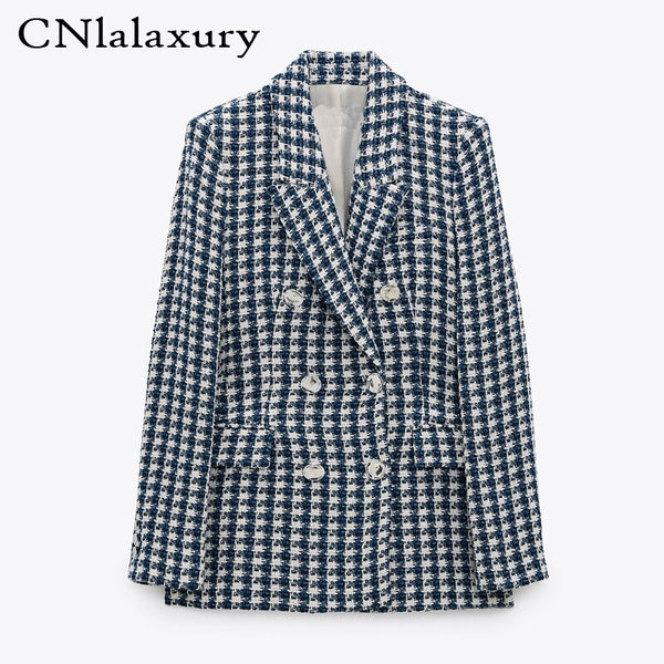 Women Houndstooth Loose Tweed Blazers 2022 Spring-Autumn Ladies Elegant Patchwork Plaid Jackets Casual Female Chic Tops