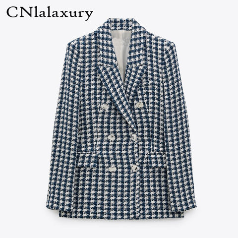 Women Houndstooth Loose Tweed Blazers 2022 Spring-Autumn Ladies Elegant Patchwork Plaid Jackets Casual Female Chic Tops