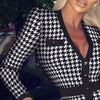 Women Houndstooth Print Split Dress Sexy Deep V-neck Button Party Dresses Spring Autumn Long Sleeve Bodycon Office Lady Dresses