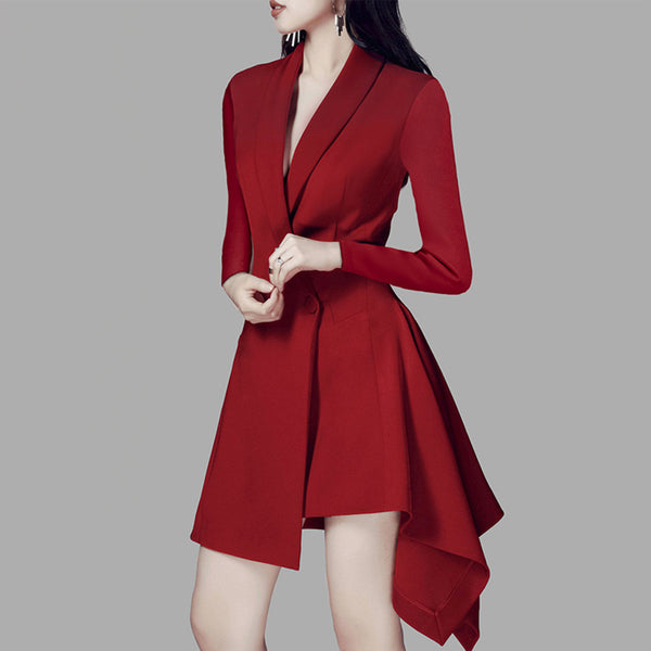 Women Irregular Ruffles Spliced Long Blazer Lapel Long Sleeve Belt Slim Waist Fit Jacket Tide Spring Autumn Coat