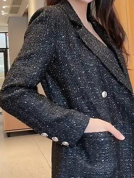 Women Jacket 2023 Autumn and Winter Tweed Sequined Double-breasted Black Blazers